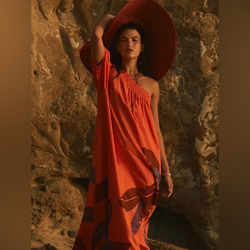 Anthropologie Maeve One Shoulder Embroidered Maxi Dress Orange Medium